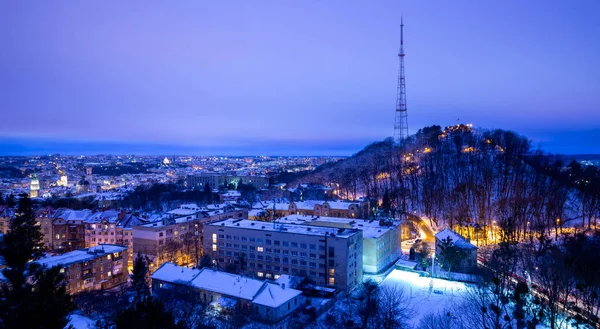 Cidade Noturna Lviv Noite Belo Panorama — Fotografia de Stock
