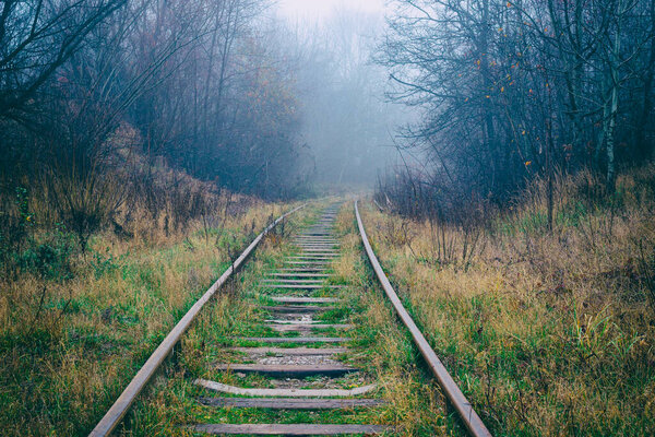 Железнодорожная трасса в тумане как символ нового и неизвестного