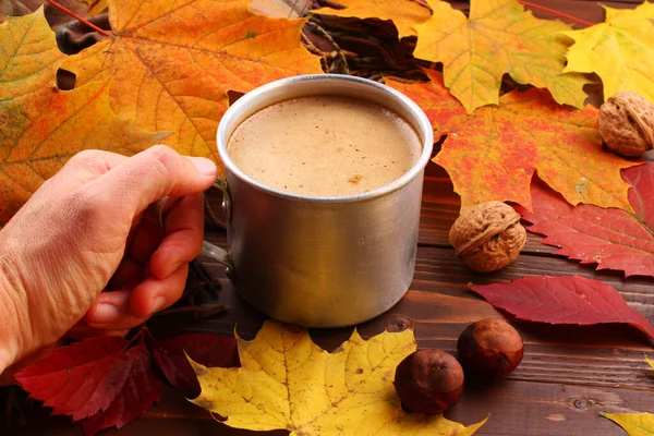 Outono Ainda Vida Com Uma Xícara Cappuccino — Fotografia de Stock