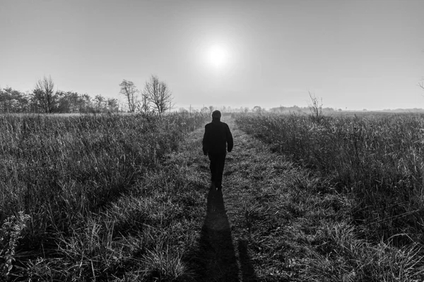 Homem Solitário Caminha Pela Trilha Sombras — Fotografia de Stock