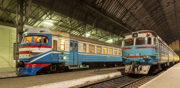 Lviv Ukraine October 2019 Old Passenger Train Night Station — Stock Photo, Image