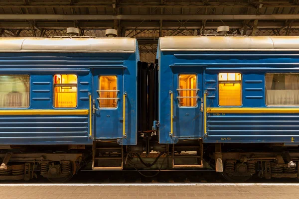 Lviv Ukraine October 2019 Old Passenger Train Night Station — Stock Photo, Image