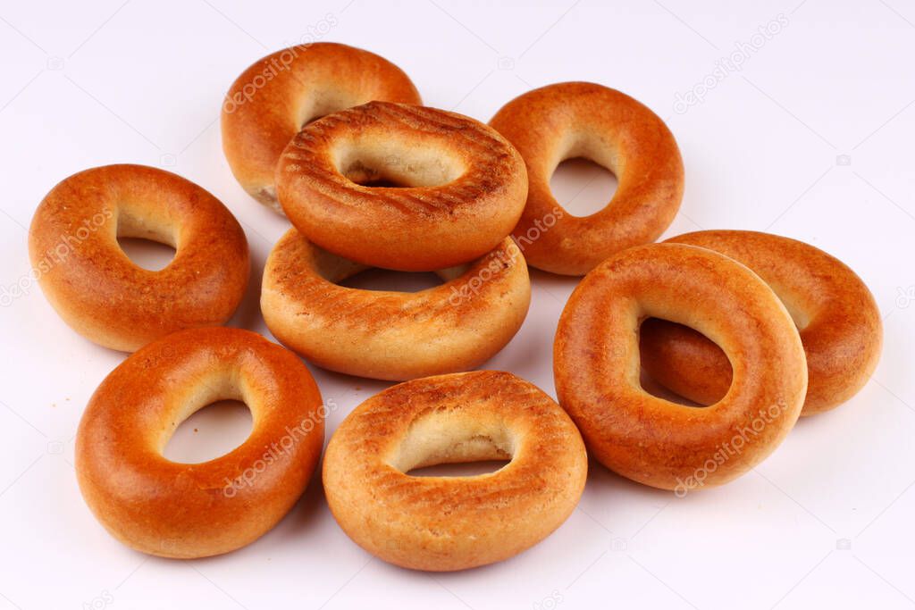 Many bagels on a white background