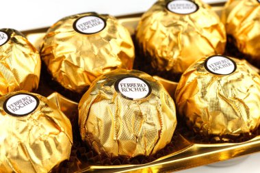 LVIV, UKRAINE - May 13, 2021: Ferrero Rocher chocolates and sweets