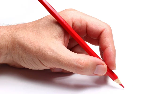 Hand Writes Red Pencil Isolate Stock Picture