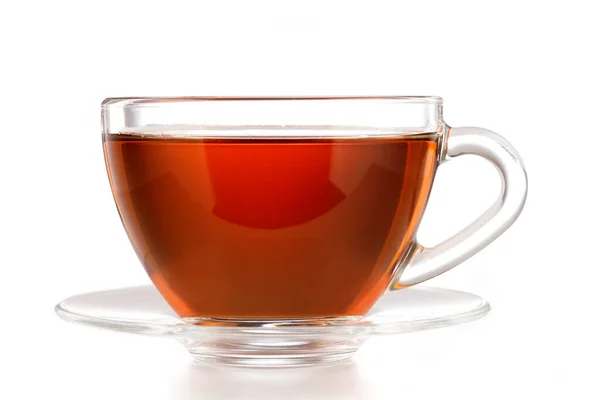 Thé Noir Dans Une Tasse Verre Transparent Sur Fond Blanc — Photo