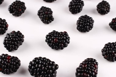 Beyaz arka planda birçok böğürtlen düzenlidir.