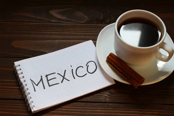 México Inscripción Palabra Cuaderno Cerca Una Taza Café —  Fotos de Stock