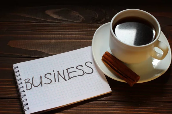 Business Inscription Word Notebook Cup Coffee — Stock Photo, Image