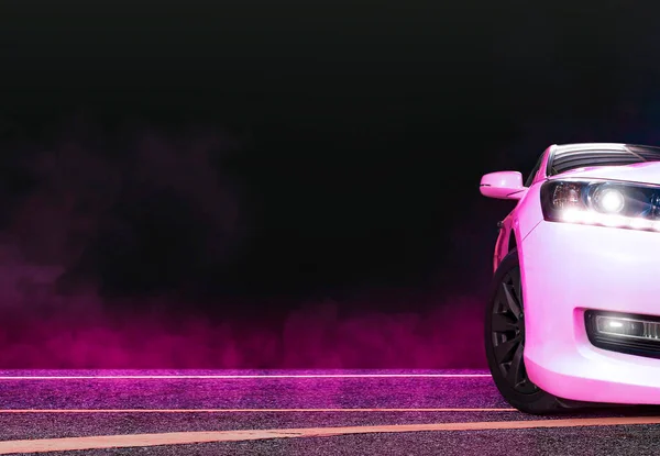 Sedan Car Pink Smoke Asphalt Road Night Copy Space — Stock Photo, Image