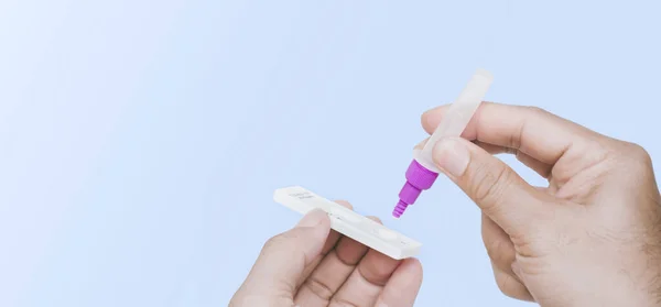 Own Hand Placing Secretions Sample Sars Cov Rapid Antigen Test — Stock Photo, Image