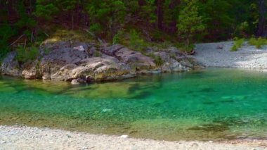 Mavi Nehir (Rio Azul), El Bolson, Patagonya, Arjantin, Güney Amerika yakınlarında temiz mavi suyu olan küçük bir kaya plajı.