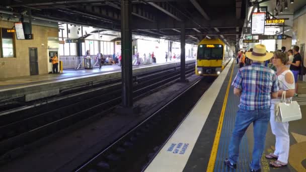 오스트레일리아 뉴사우스웨일스주 시드니 항구에 부두에 열차가 도착하기를 기다리고 주민들 관광객들 — 비디오