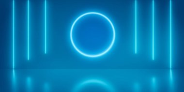 Neon daire ve çizgiler soyut arkaplan. Spektrum canlı renkler, parlayan çizgiler, tünel, neon ışıklar, sanal gerçeklik, yuvarlak portal. 3d oluşturma,