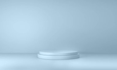 Ürün gösterimi için maket podyumu, sergi salonunun 3D görüntülenmesi veya mavi arka planda sergi primi.