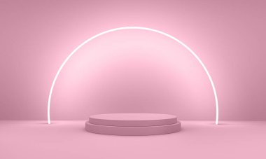 Sevgililer Günü için neon podyum, soyut geometrik tasarım pembe arka plan. 3d oluşturma.