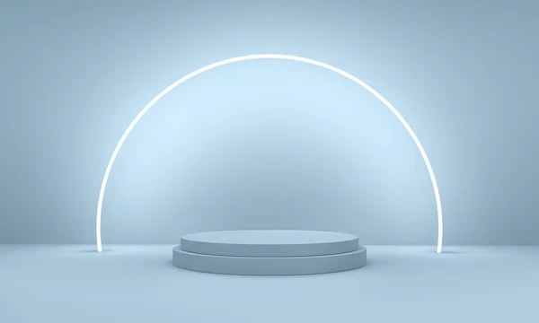 モックアップネオンの表彰台 抽象的な幾何学的なデザインの背景 青の背景 3Dレンダリング — ストック写真