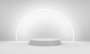 Neon ışığında ürün sunumu için soyut beyaz arka planda kazanan podyum. 3d oluşturma.