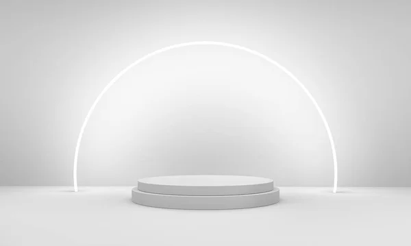 Neon ışığında ürün sunumu için soyut beyaz arka planda kazanan podyum. 3d oluşturma.