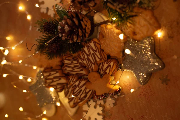 Golden Light Bokeh Christmas Happy New Year Concept Cookies Pine — Stock Photo, Image