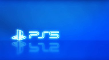Madrid, İspanya - 02 Şubat 2021: Play Station 5 logosu metin ve grafikler için boşlukta, ps5. Mavi arkaplan.