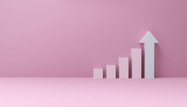 Stüdyo pembe arka planda beyaz okla büyüme başarısı. Kadın gücü. Yaratıcı kavram başarısı. 3B görüntüleme