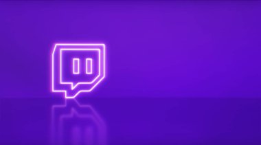 Madrid, İspanya - 02 Şubat 2021: Metin ve grafikler için uzayı olan neon ışıklı Twitch logosu. mor arkaplan.