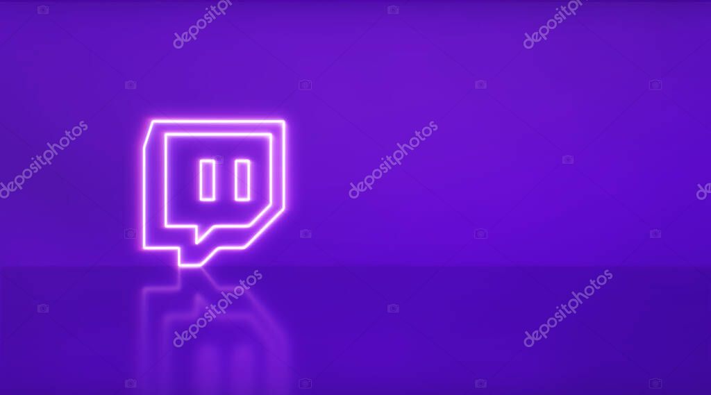 Madrid, Spain - February 02, 2021: Twitch logo in neon with space for text and graphics. purple background.