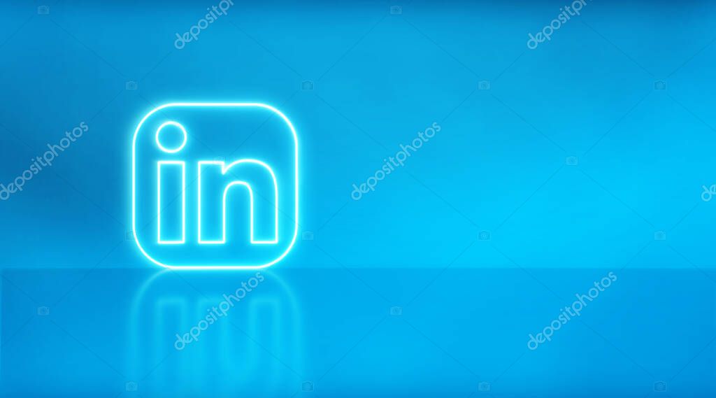 Madrid, Spain - February 02, 2021: Linkedin logo in neon with space for text and graphics. Blue background.