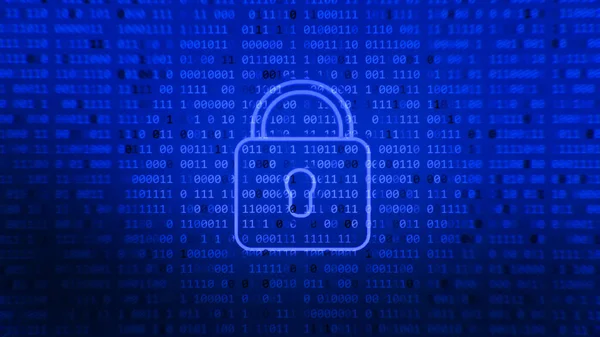Dijital kilit koruması ikili kod numarasını imzalıyor. Mavi, parlak, soyut bir arka plan. Büyük veri kişisel bilgi güvenliği teknolojisi kapalı asma kilit.
