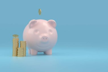 Pembe domuz kumbarası ve para biriktirme konseptiyle mavi arka planda birikmiş altın sikkeler. Gelecek için finansal planlama. 3B görüntüleme.