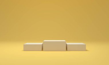 Sarı modern oturma odasında zafer podyumu. Başarı konsepti. 3d oluşturma.