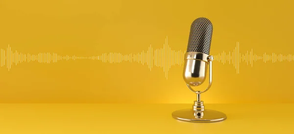 Χρυσό Μικρόφωνο Και Ηχητικό Κύμα Κίτρινο Φόντο Πανοραμική Podcast Live — Φωτογραφία Αρχείου