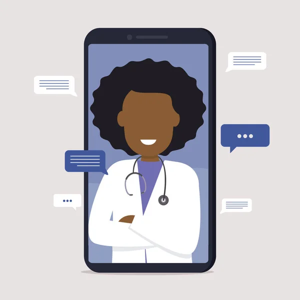 Consulta Médica Línea Mujer Negra Vídeo Doctor Localizando Smartphone Diagnóstico — Vector de stock