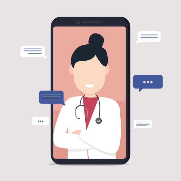 Γυναίκα Γιατρός Βίντεο Εντοπισμού Ένα Smartphone Ιατρικά Διαγνωστικά Μέσω Διαδικτύου — Διανυσματικό Αρχείο