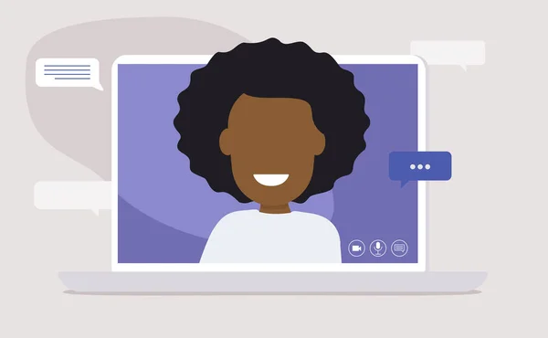 黑色女孩直播在屏幕上 直播视频流的概念 视频会议远程工作 平面矢量图解 — 图库矢量图片