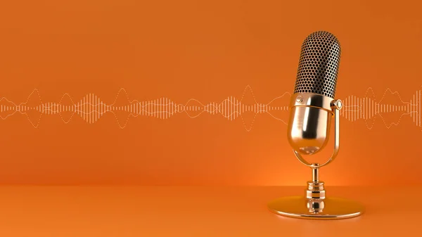 Creator content. Microphone and sound waveform on orange background. 3d rendering. Live, streaming, podcast.