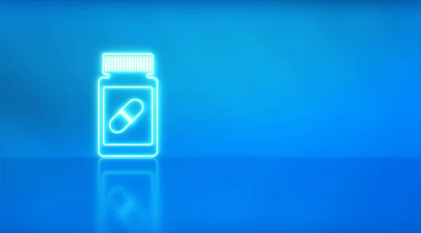 Tabletták Üveg Ikon Neon Fény Kék Háttér Egészségügyi Ellátás Vitaminkoncepció — Stock Fotó