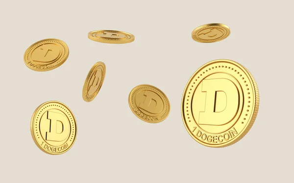 Dogecoin madeni parası temiz bir zeminde uçuyor. Dogecoins kripto para birimi. Engelleme zinciri, dijital para değişimi. Farklı konumlar ve dönüşler.
