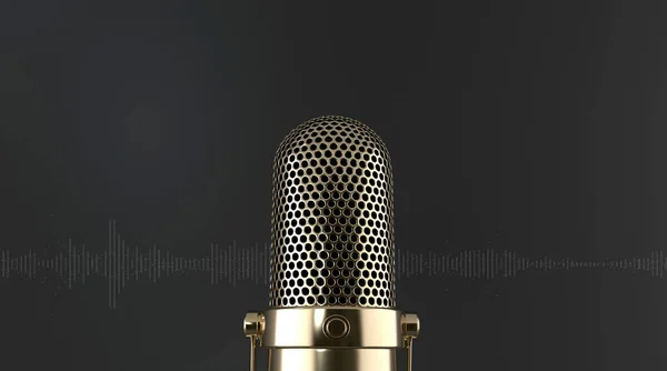 Close Elegant Golden Microphone Frontally Black Background Sound Waves Podcast — Stock Photo, Image