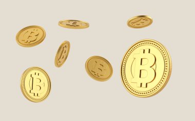 Bitcoin coin flying on clear background. Bitcoins cryptocurrency. blockchain, digital money exchange. Different positions and rotations. 3d rendering.