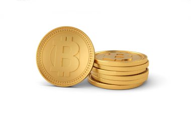 Stack of gold bitcoins isolated on white background. Cryptocurrency business. blockchain, digital money exchange. 3d rendering.