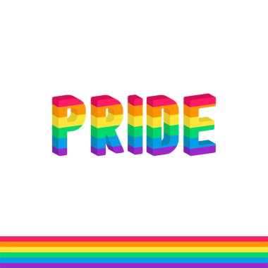 Pride text isometric with rainbow flag. Isolated vector illustration.
