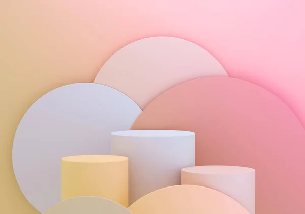 Yazın güneşli olması için pembe ve sarı arka planda ürün gösterimi için silindirler kaidesi. Boş podyum platformu. 3B Hazırlama.