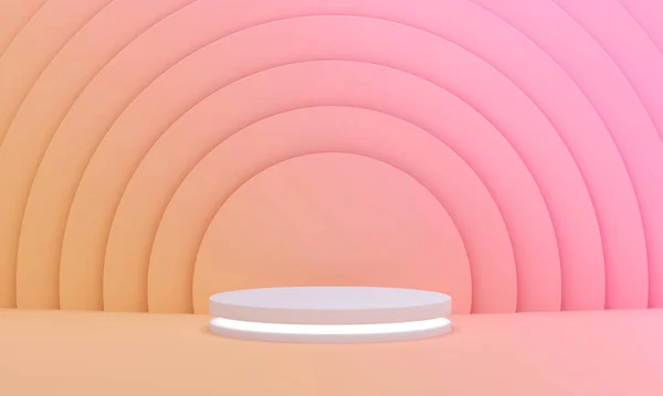 Renkli pembe ve sarı daireli podyum yaz güneşli olacak. Boş podyum platformu. 3B Hazırlama.