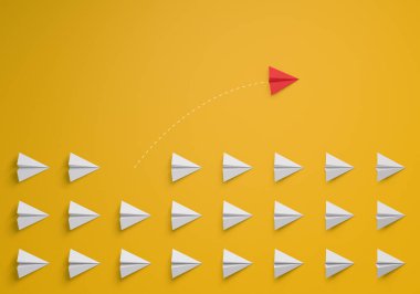 Bireysel ve benzersiz lider kırmızı kağıt uçak sarı arka planda yön değiştiriyor. Bireysellik kavramı. Farklı düşün. 3d oluşturma.