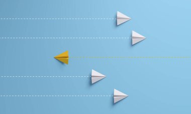 Tek yönlü kağıt uçak ve farklı yönleri gösteren tek bir birey, liderlik, bireysellik kavramları. 3B görüntüleme.