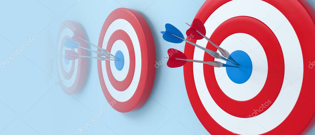 Panoramic dart hitting target on blue background. Bullseye success concept. 3d rendering.