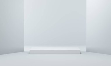 Beyaz modern oturma odasındaki geniş sahne podyumu aydınlandı. Ürün gösterimi için kavram. 3d oluşturma.