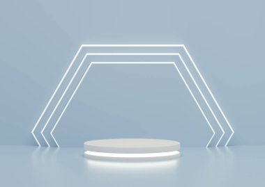 Ürün görüntüsü için yansıtıcı ışık ve altıgen duvar mavisi arkaplanı olan silindir podyum. Boş kaide ya da platform. 3B Hazırlama.